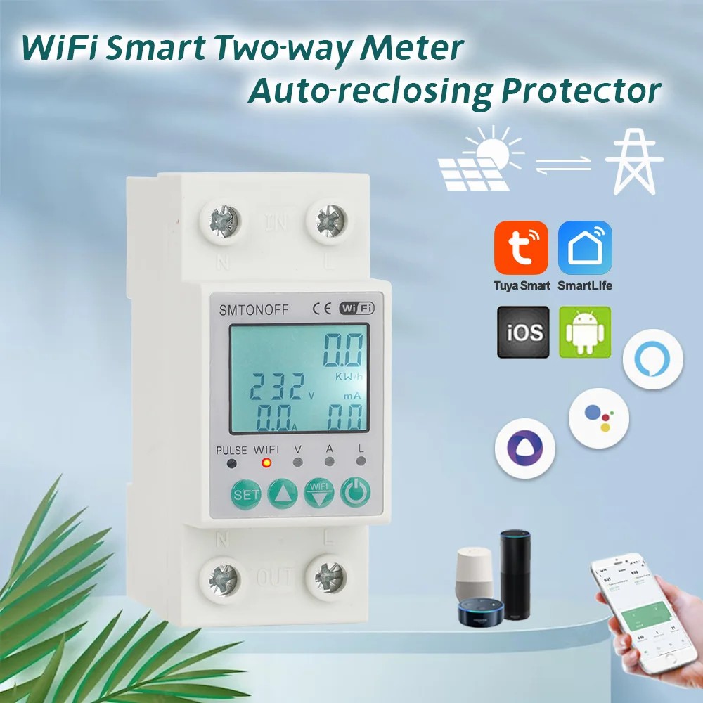 Smart single-phase 2‑pole 63 A WiFi energy meter with bi‑directional measurement, overload protection, scheduling & remote control via Tuya/Smart Life
