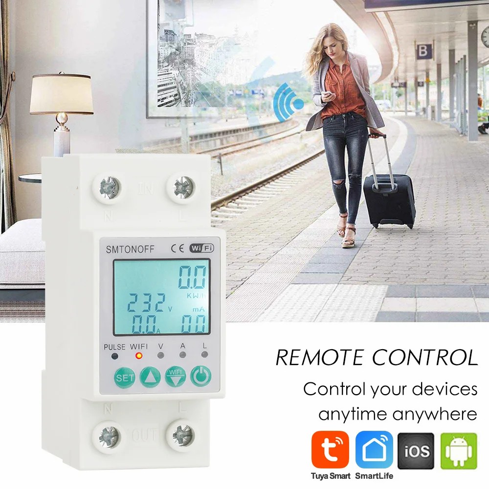 Smart single-phase 2‑pole 63 A WiFi energy meter with bi‑directional measurement, overload protection, scheduling & remote control via Tuya/Smart Life