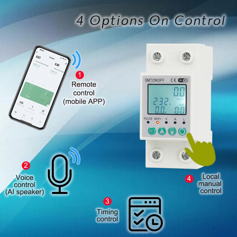 Smart single-phase 2‑pole 63 A WiFi energy meter with bi‑directional measurement, overload protection, scheduling & remote control via Tuya/Smart Life
