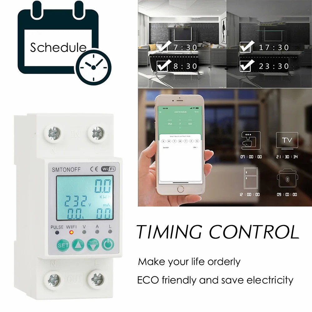 Smart single-phase 2‑pole 63 A WiFi energy meter with bi‑directional measurement, overload protection, scheduling & remote control via Tuya/Smart Life