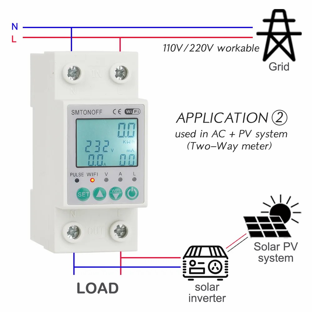 Smart single-phase 2‑pole 63 A WiFi energy meter with bi‑directional measurement, overload protection, scheduling & remote control via Tuya/Smart Life