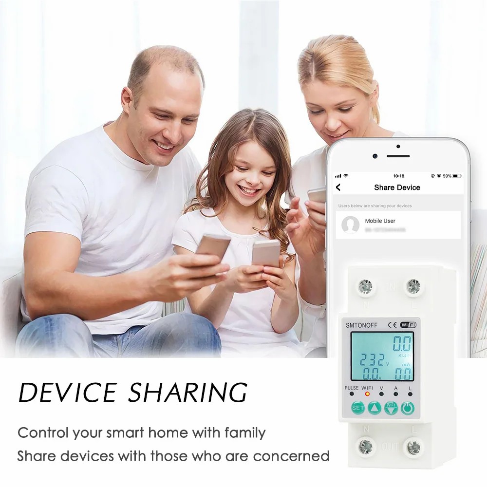 Smart single-phase 2‑pole 63 A WiFi energy meter with bi‑directional measurement, overload protection, scheduling & remote control via Tuya/Smart Life