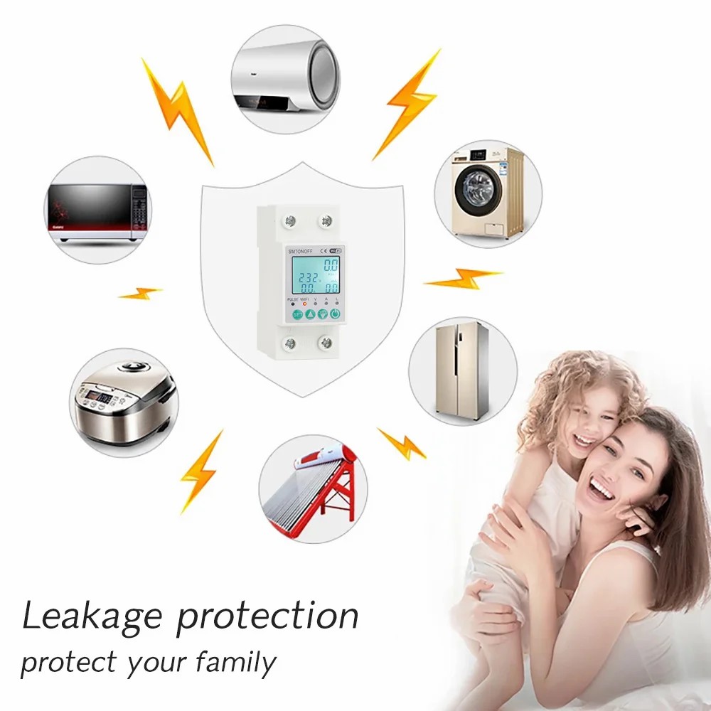 Smart single-phase 2‑pole 63 A WiFi energy meter with bi‑directional measurement, overload protection, scheduling & remote control via Tuya/Smart Life