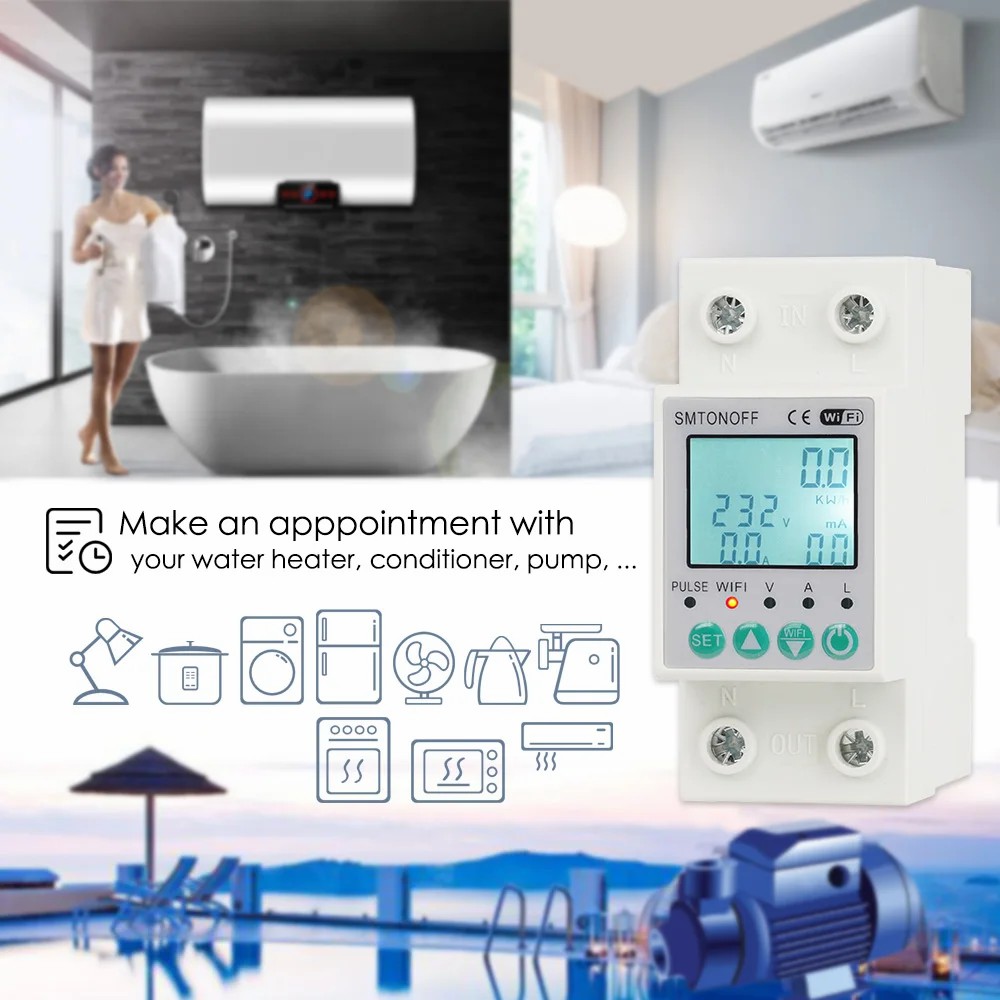 Smart single-phase 2‑pole 63 A WiFi energy meter with bi‑directional measurement, overload protection, scheduling & remote control via Tuya/Smart Life