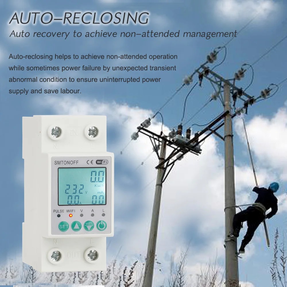 Smart single-phase 2‑pole 63 A WiFi energy meter with bi‑directional measurement, overload protection, scheduling & remote control via Tuya/Smart Life