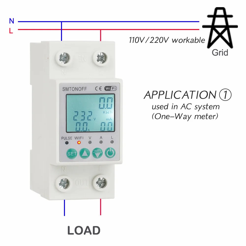 Smart single-phase 2‑pole 63 A WiFi energy meter with bi‑directional measurement, overload protection, scheduling & remote control via Tuya/Smart Life