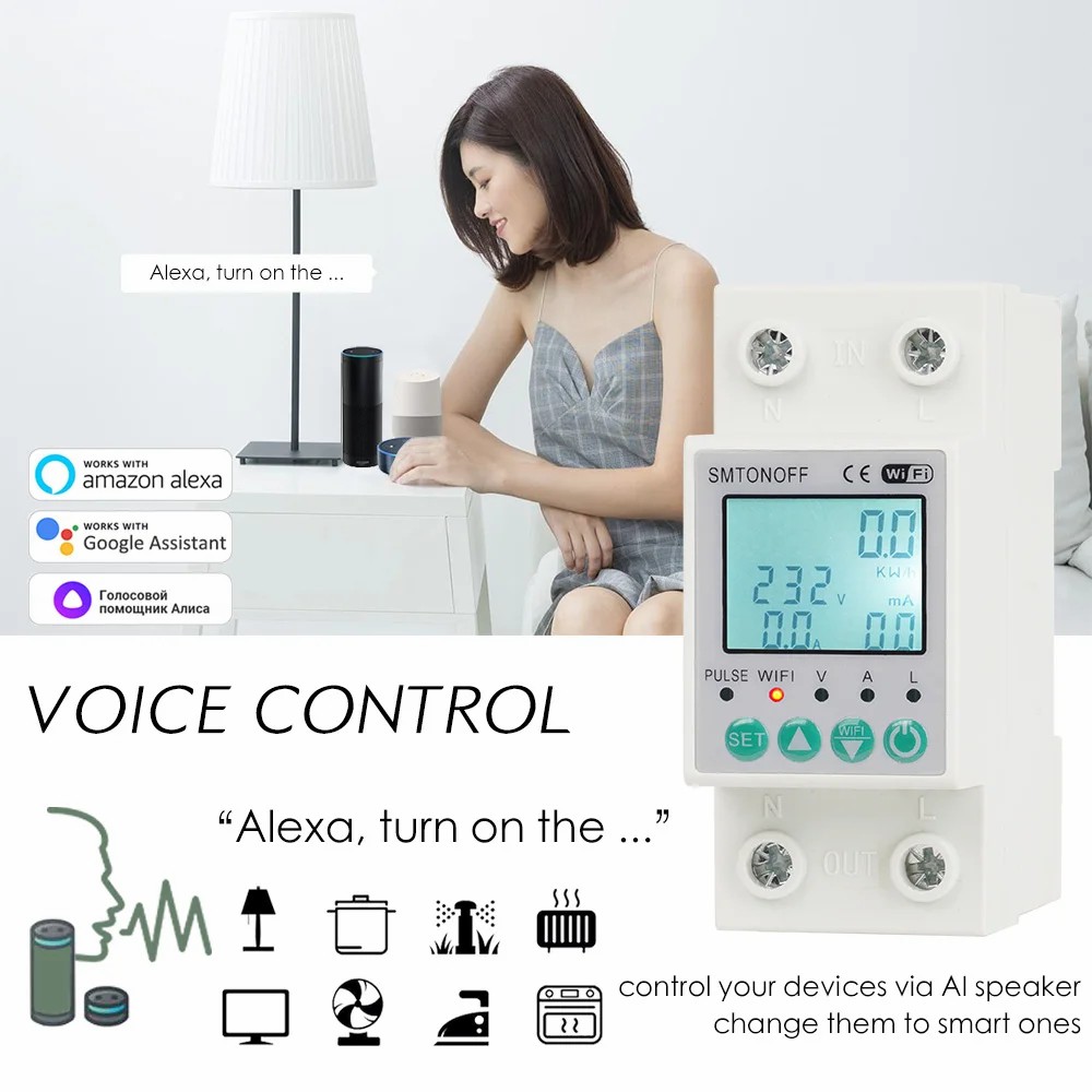 Smart single-phase 2‑pole 63 A WiFi energy meter with bi‑directional measurement, overload protection, scheduling & remote control via Tuya/Smart Life