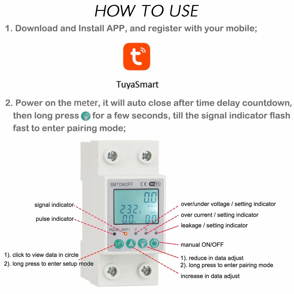 Smart single-phase 2‑pole 63 A WiFi energy meter with bi‑directional measurement, overload protection, scheduling & remote control via Tuya/Smart Life
