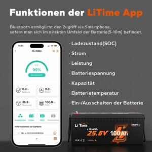 LiTime 25.6V 100Ah | LiFePO₄ | 2.56 KWh | 100A BMS | Low Temp Protection | Bluetooth