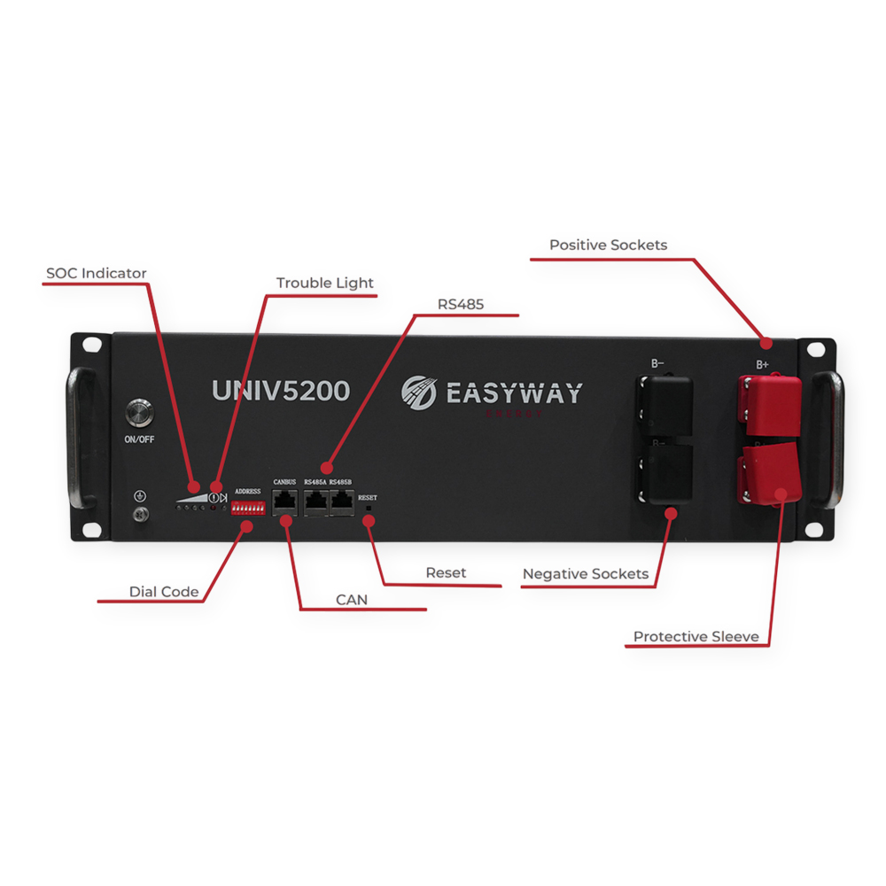 EasyWay Energy UNIV5200 | 51.2V 102Ah | LiFePO₄ | 5.22kWh | 100A BMS | Monitoring with Bluetooth